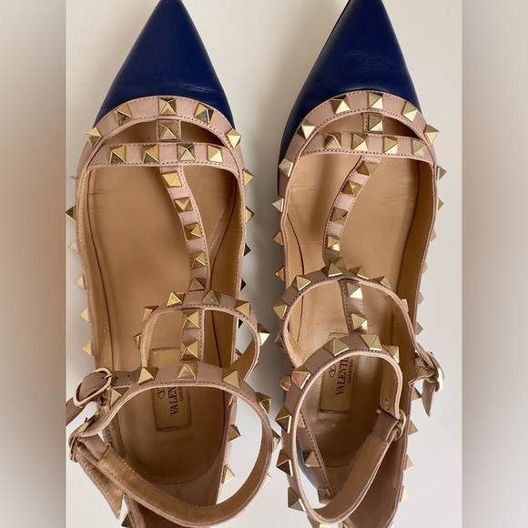 ✨VALENTINO GARAVANI Rockstud Leather Cage Flats Blue Size 37.5 - Picture 16 of 16